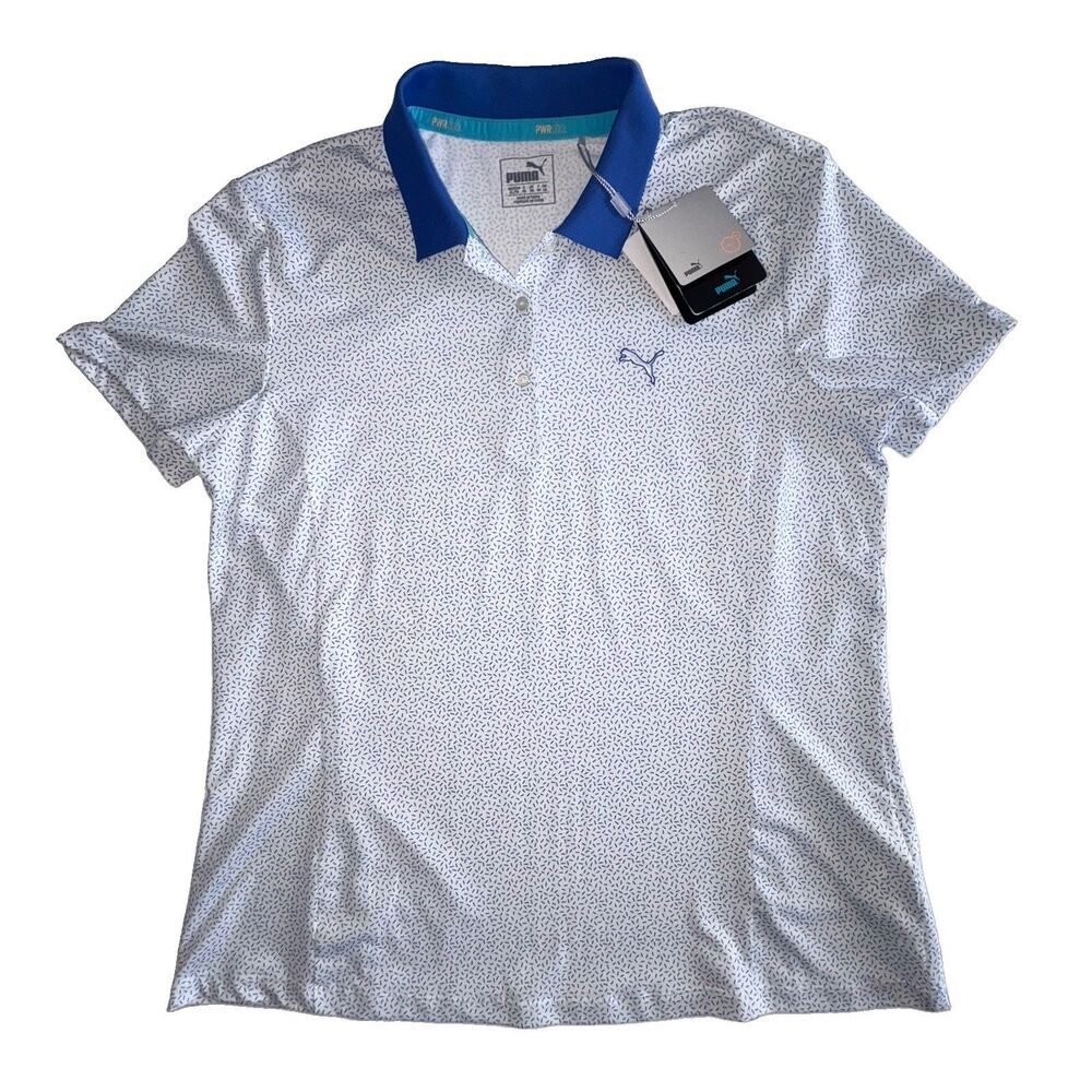 Puma Power Cool White Blue Print Polo Golf Shirt Women's Size XL NEW